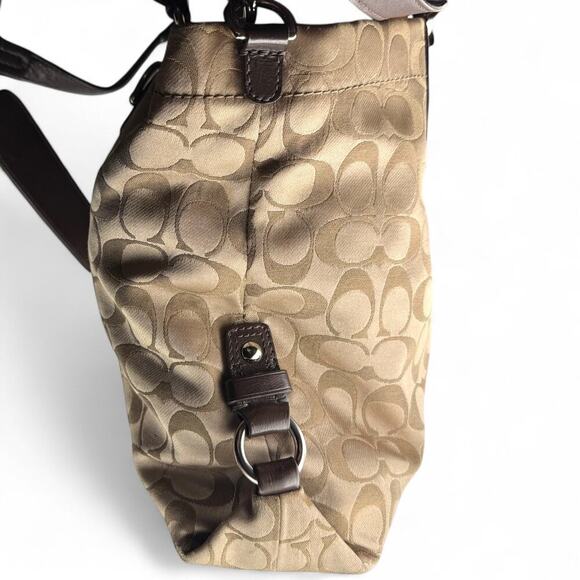 COACH F15510 Ashley Signature Sateen Carryall Khaki Gold Mahogany Leather Silver - Picture 6 of 16